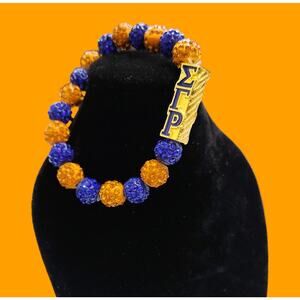 Sigma Gamma Rho Bracelet Blue and Gold Rhinestone‎ Pearls with Logo Block